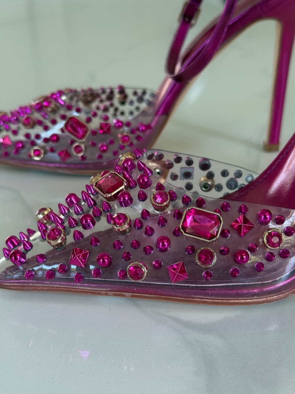 Azalea Wang Arthelia Pink Crystal Embellished Clear Pumps - Picture 10 of 14